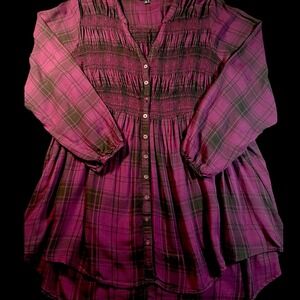 Torrid Size 3 Burgundy Plaid Smocked High Low Blouse Button Front Flowy Top